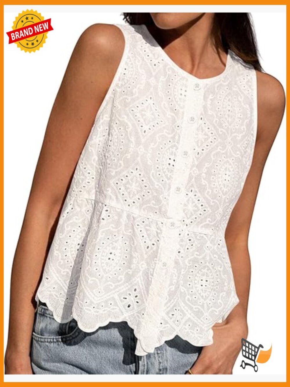 Women's Sleeveless Button Down Tank Top Eyelet Embroidery Scalloped Hem